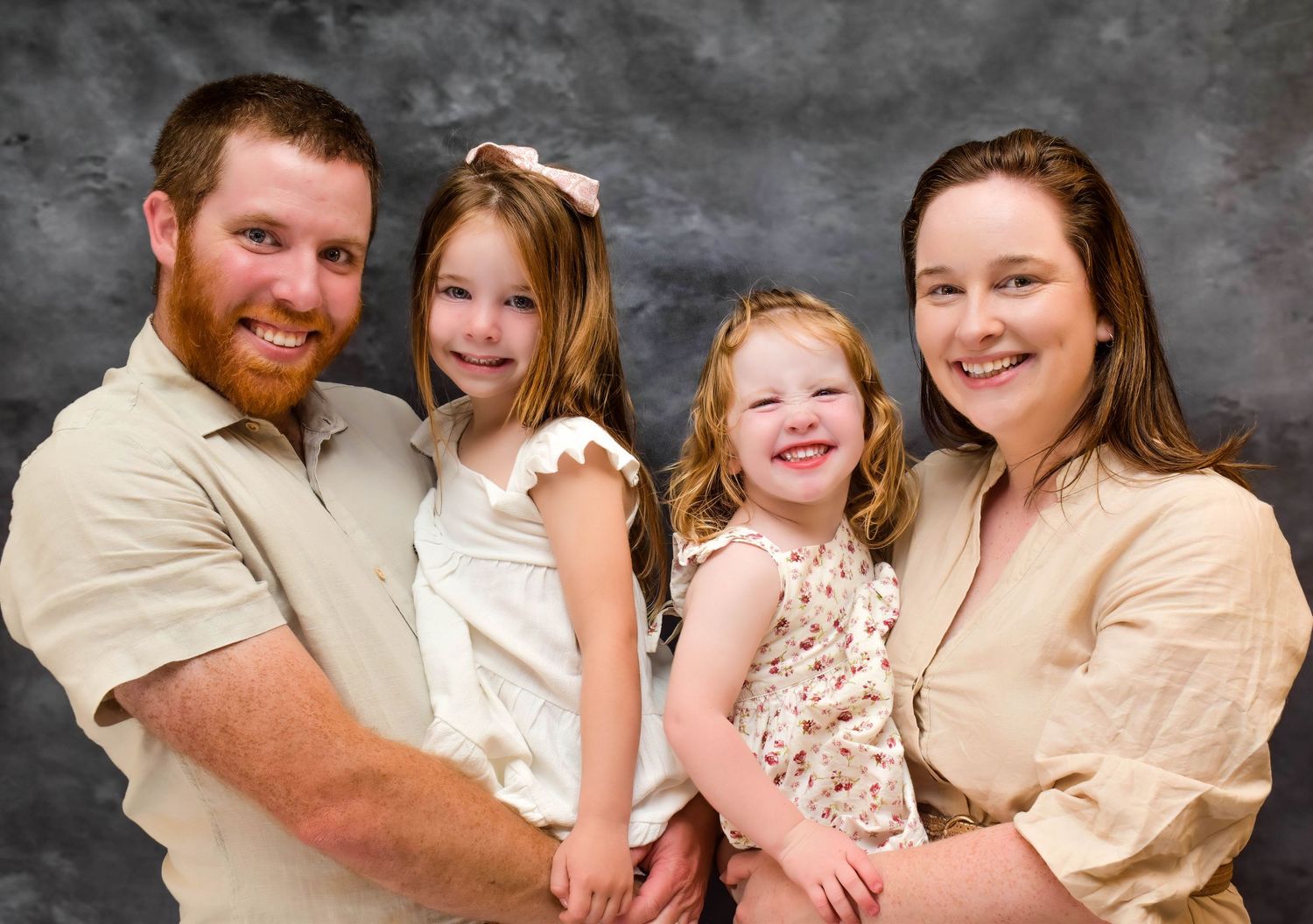 Portrait series showing candid moments on textured gray backdrop.