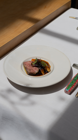 Elegantly plated meat dish with garnish on white porcelain plate.