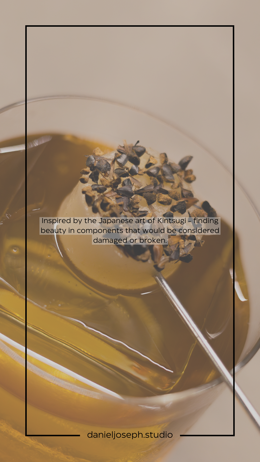 Artistic cocktail garnished with crushed nuts and chocolate in a martini glass with text overlay.