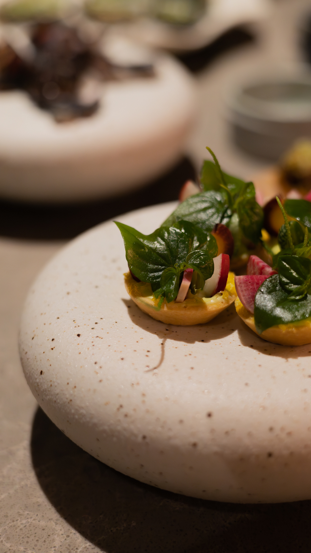 Modern appetizers with vibrant green leaves served on a textured white circular serving stone.