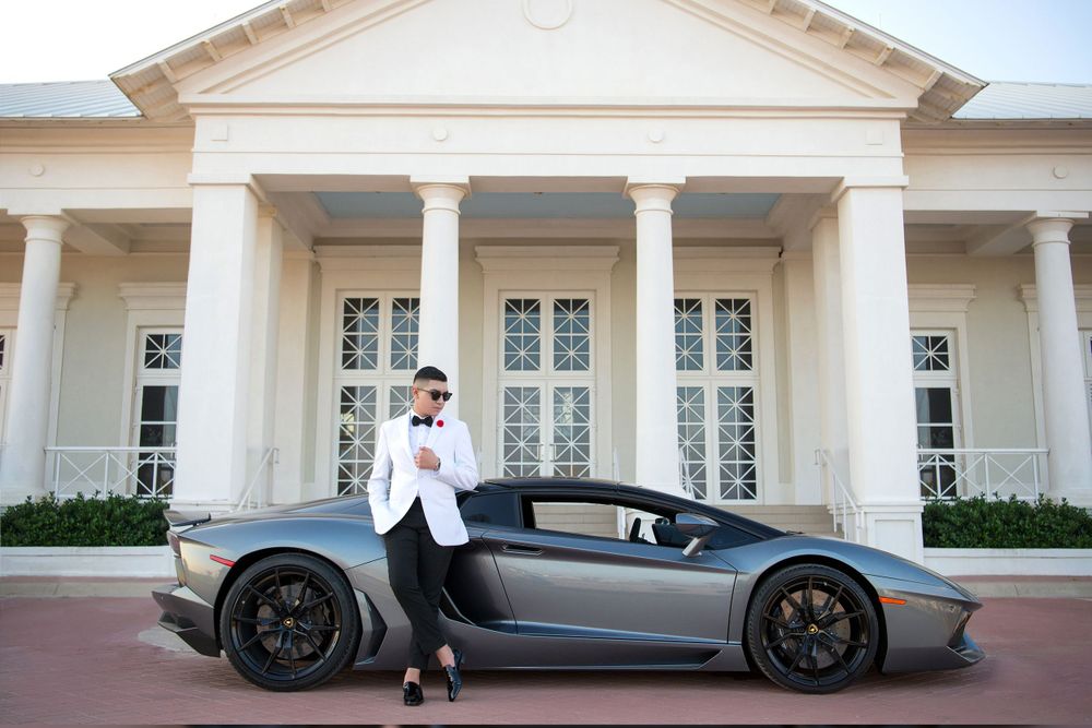 quinceanero posing next to a Lamborghini at south padre island, texas