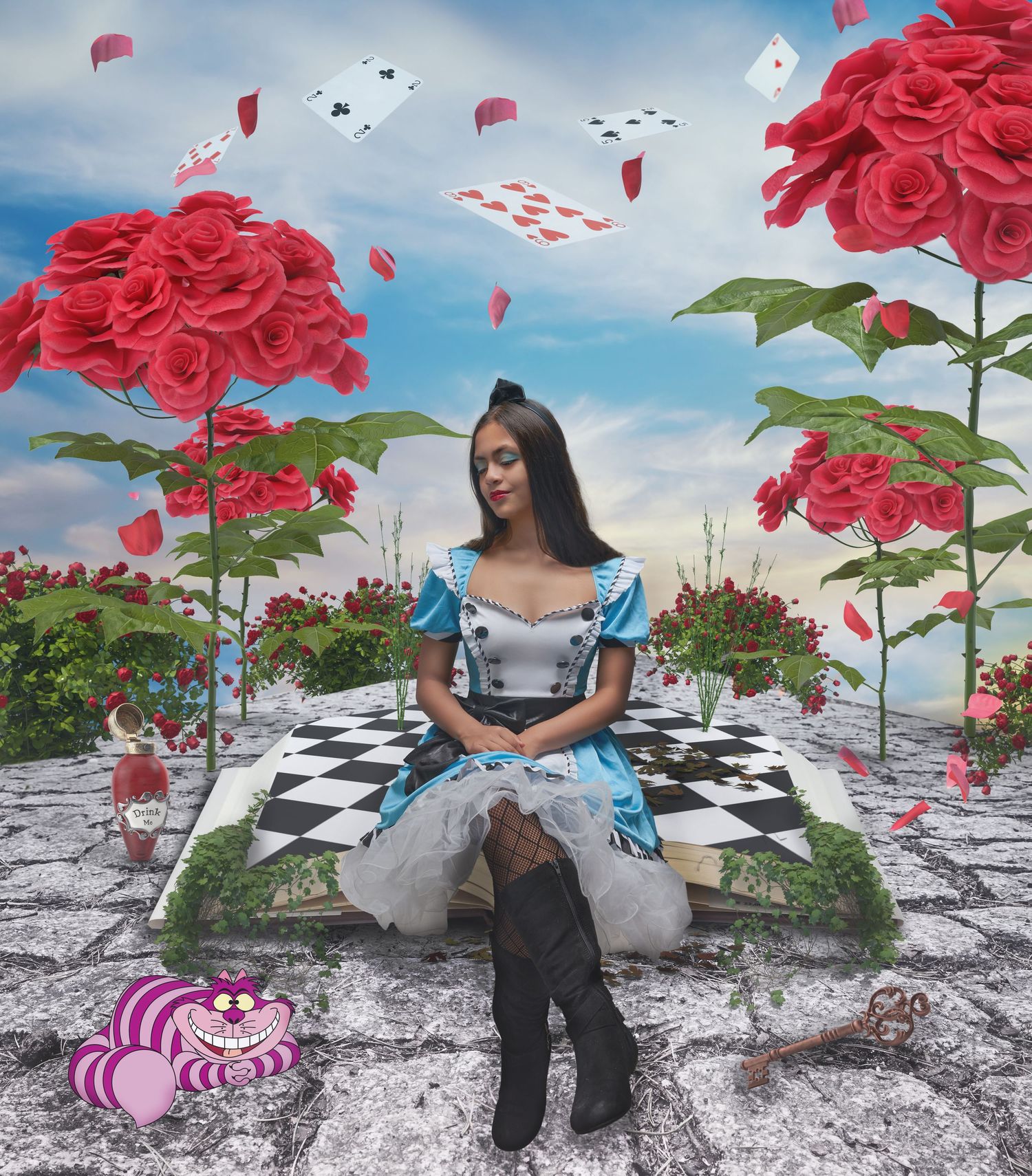 Alice in Wonderland inspired scene with floating playing cards and giant red roses on a checkered ground.
