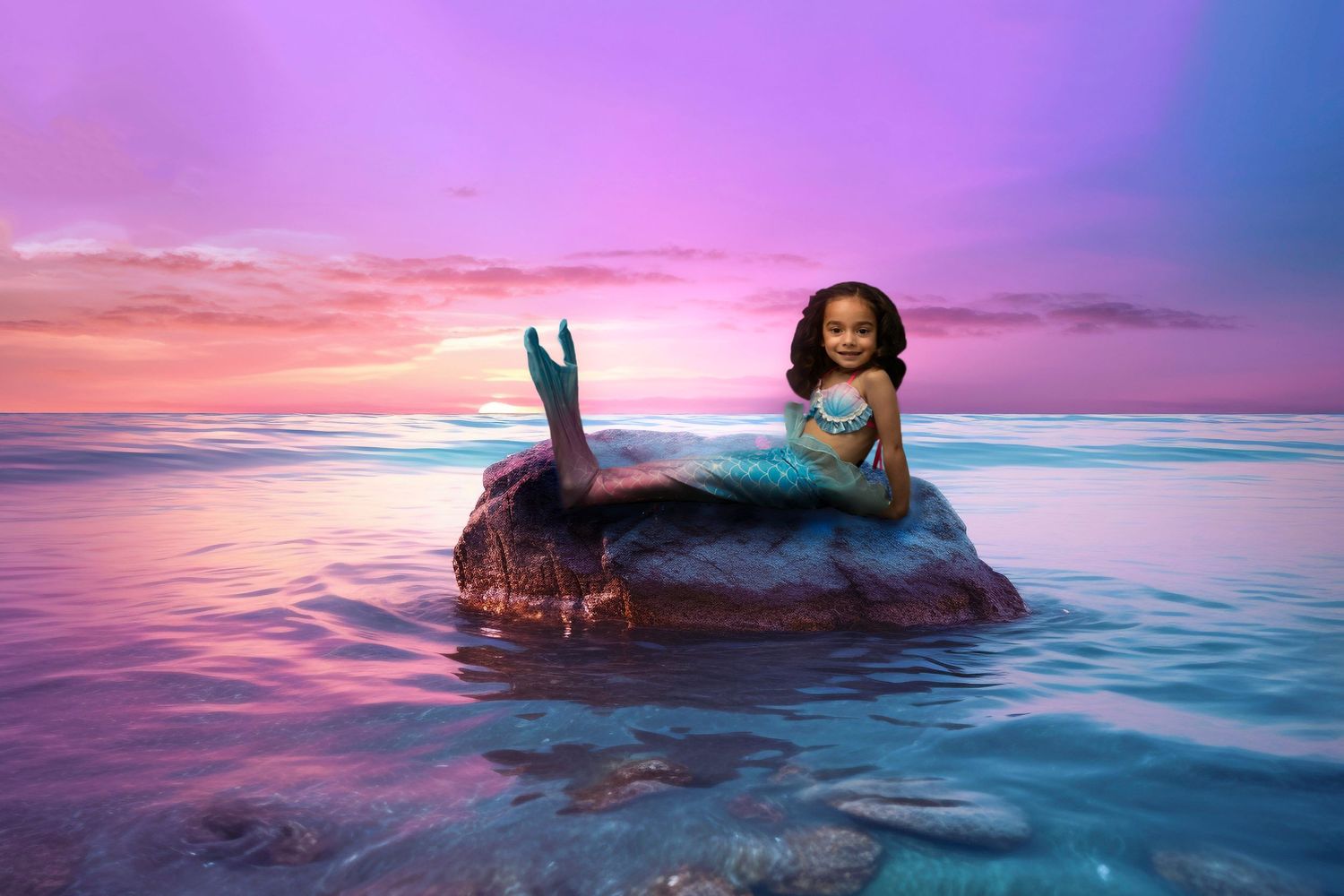 Little mermaid inspired fantasy portrait of someone lounging on a rock in the ocean at sunset.