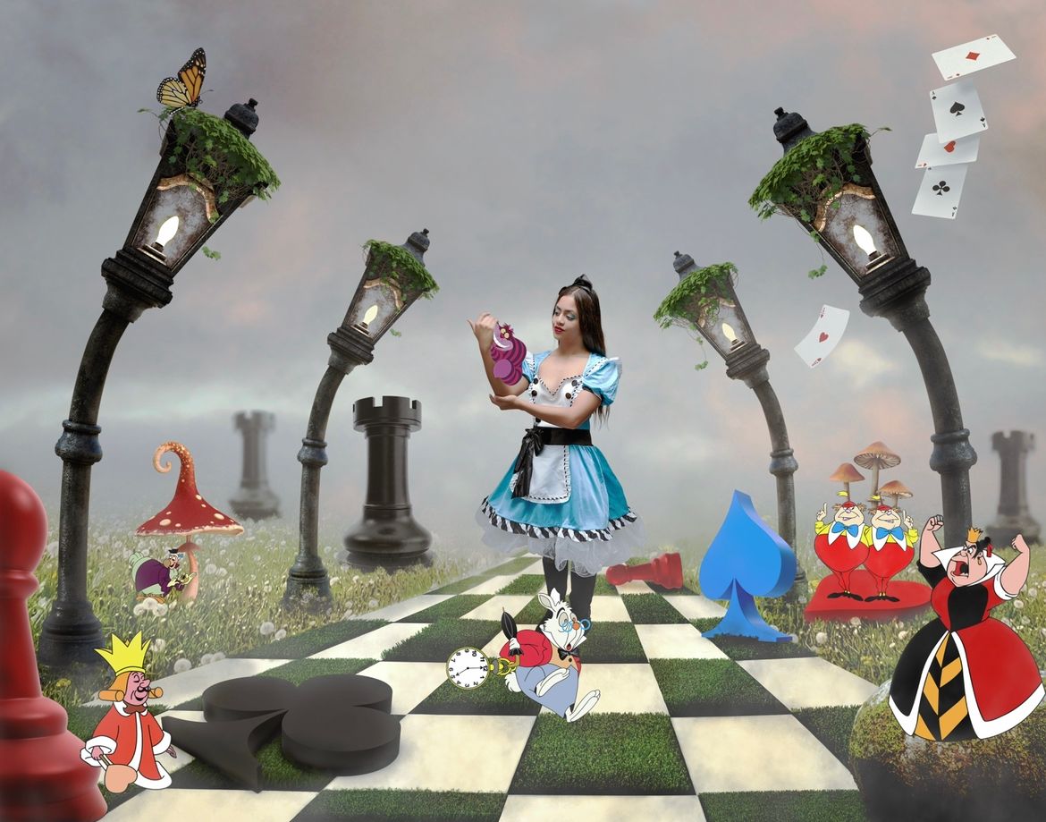 Fantasy photo with checkered floor, lamp posts, and Alice in Wonderland themed elements.