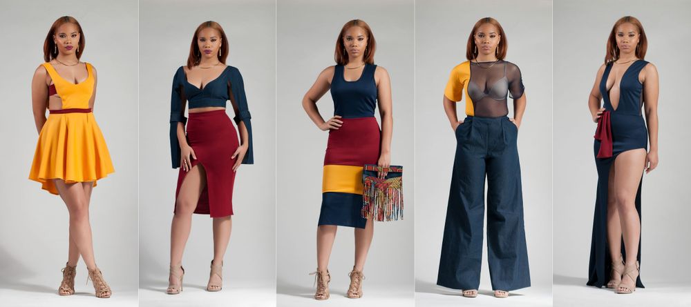 Female model showcasing five colorful fashion outfits in a composite studio photo.