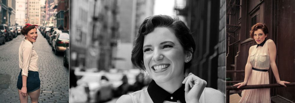 Triptych of a smiling brunette woman posing on a New York City street in vintage style.