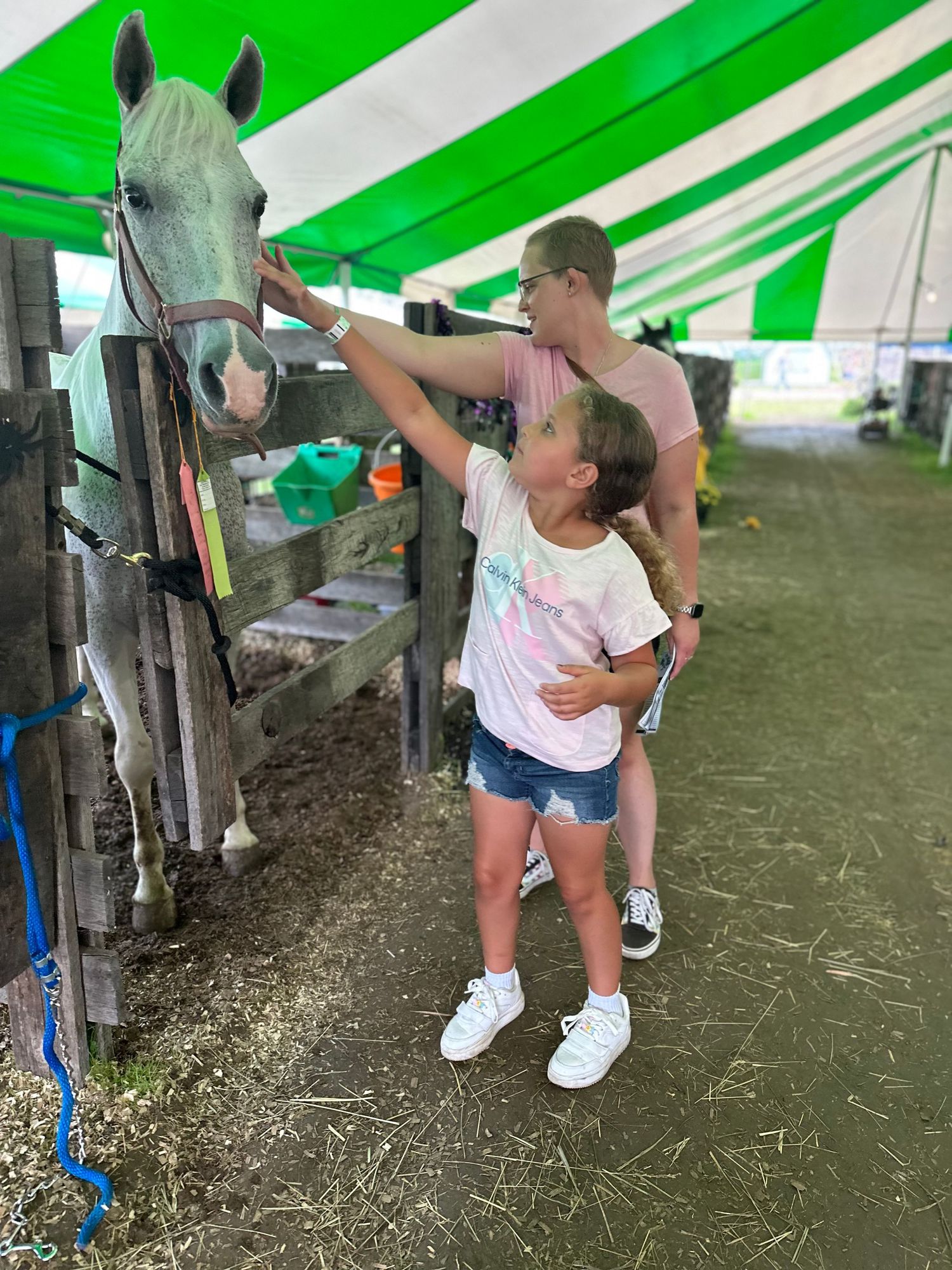 A child in white shoes reaches up to interact with a light colored horse under a green and white striped tent at a show.