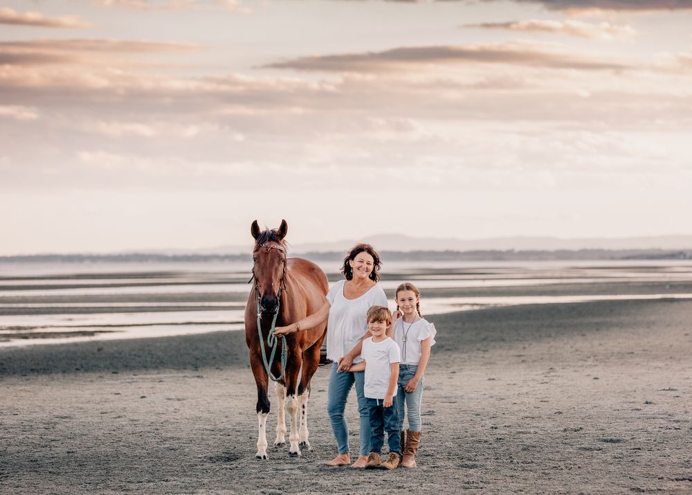 Series of scenic beach photos with horse and people walking along the shoreline.
