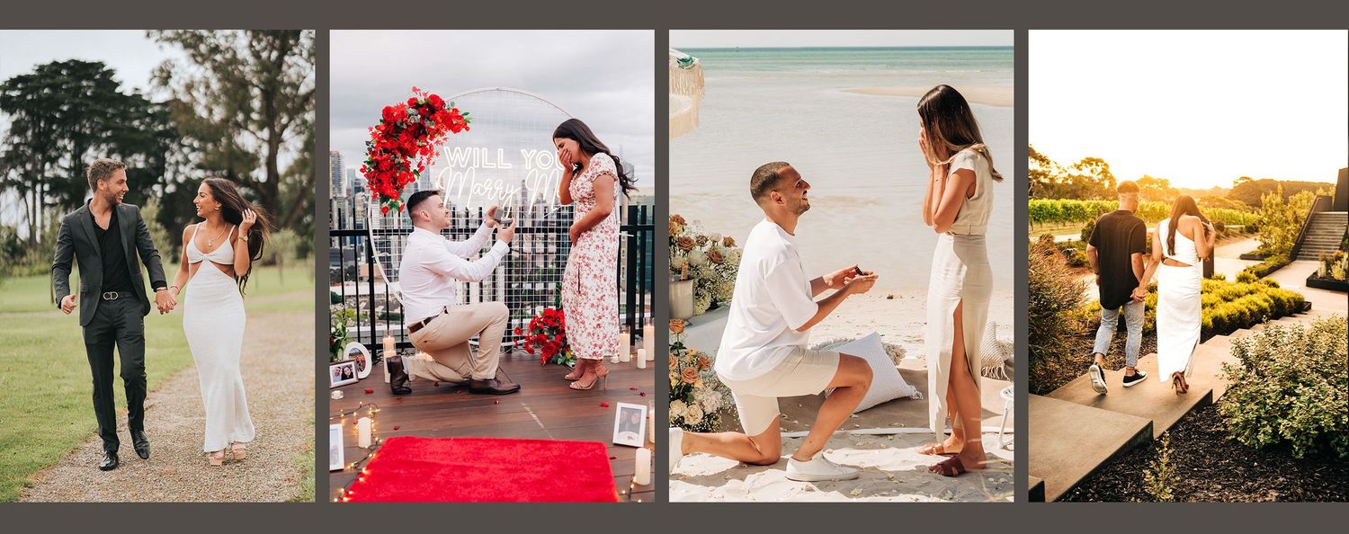 Collection of wedding proposal photos showing couples in romantic outdoor settings.