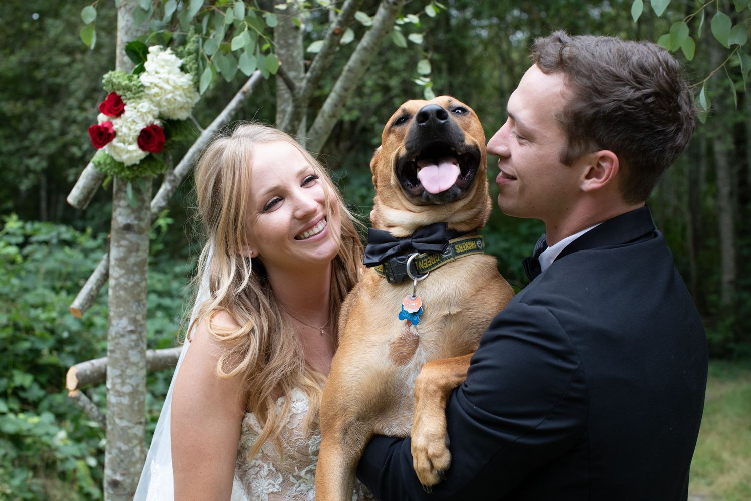 A happy couple poses with their joyful dog during their wedding photoshoot in a forest setting.