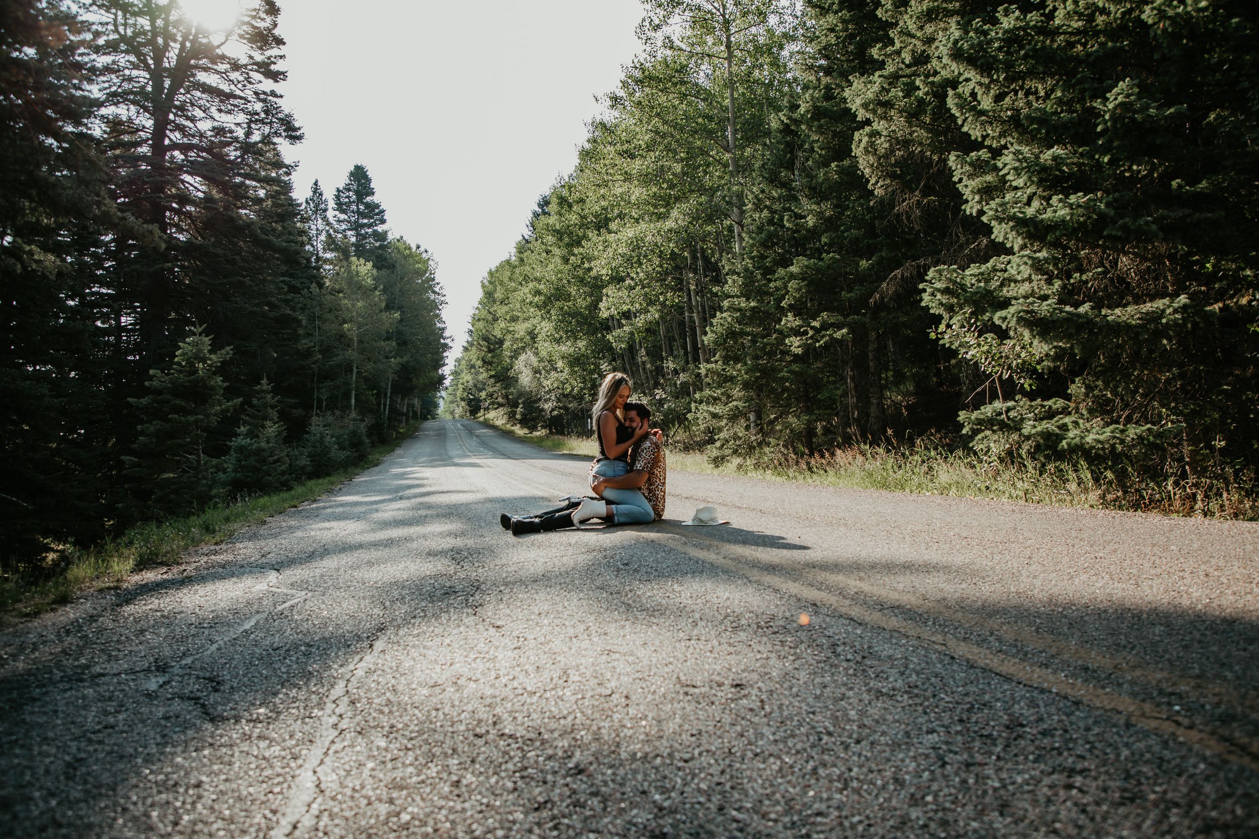 A scenic dirt road winding through tall evergreen trees on a sunny day.