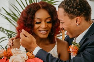 Intimate wedding photo series showing tender moments between newlyweds.