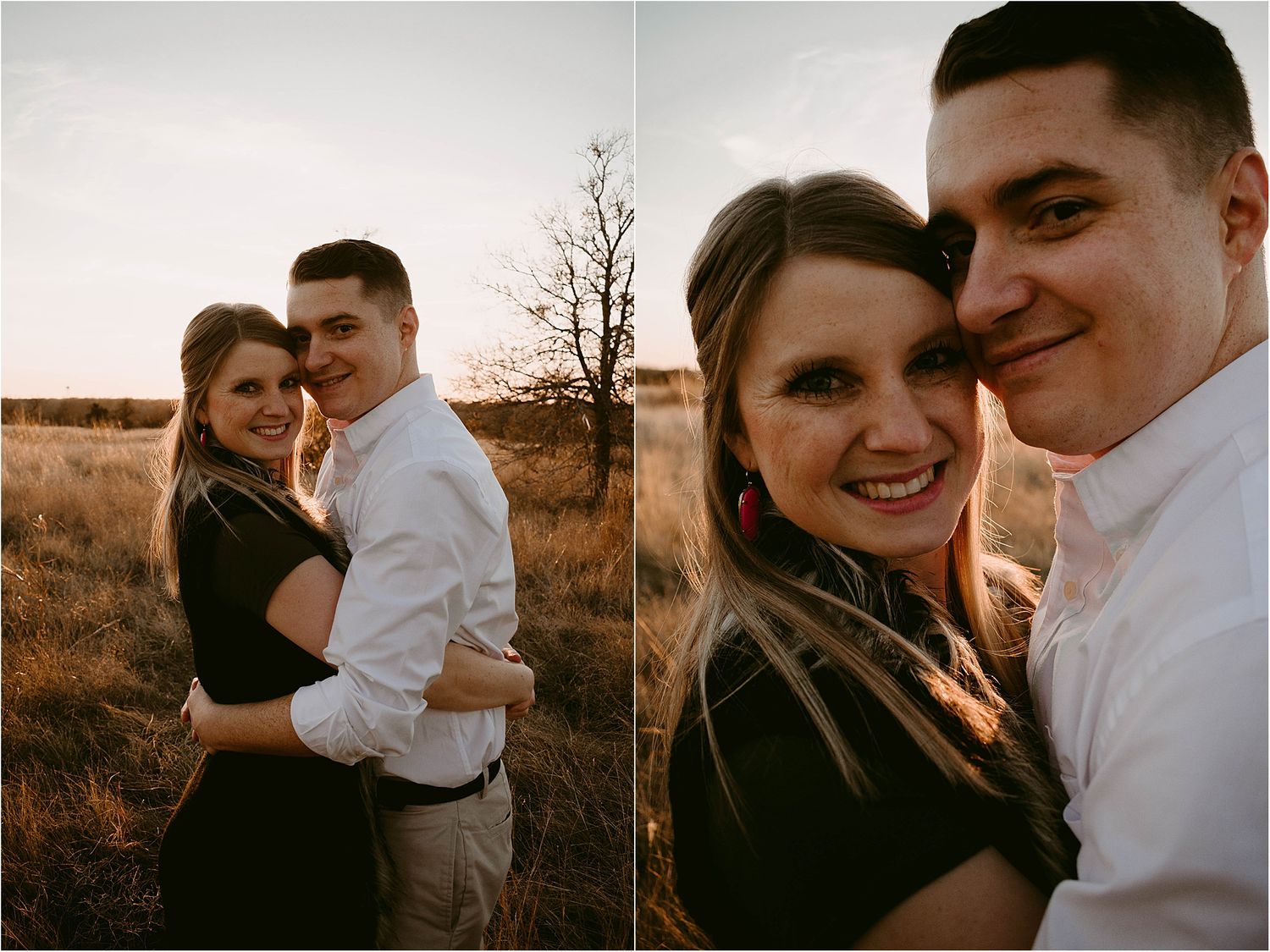 Split image showing a couple's romantic photoshoot in a golden autumn field.