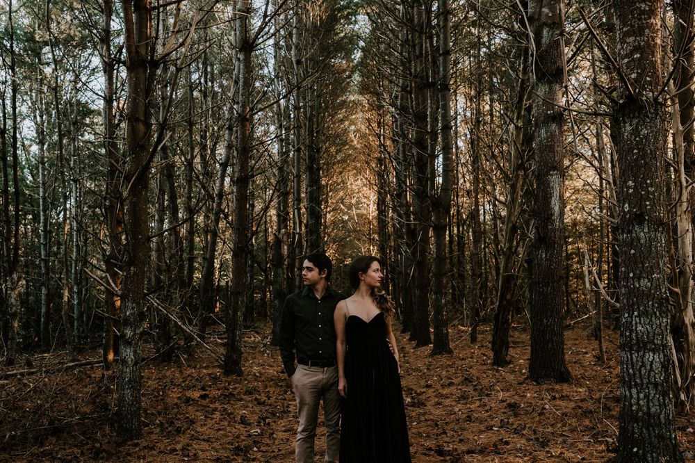 Couple walking apart through autumn forest with tall bare trees at golden hour.