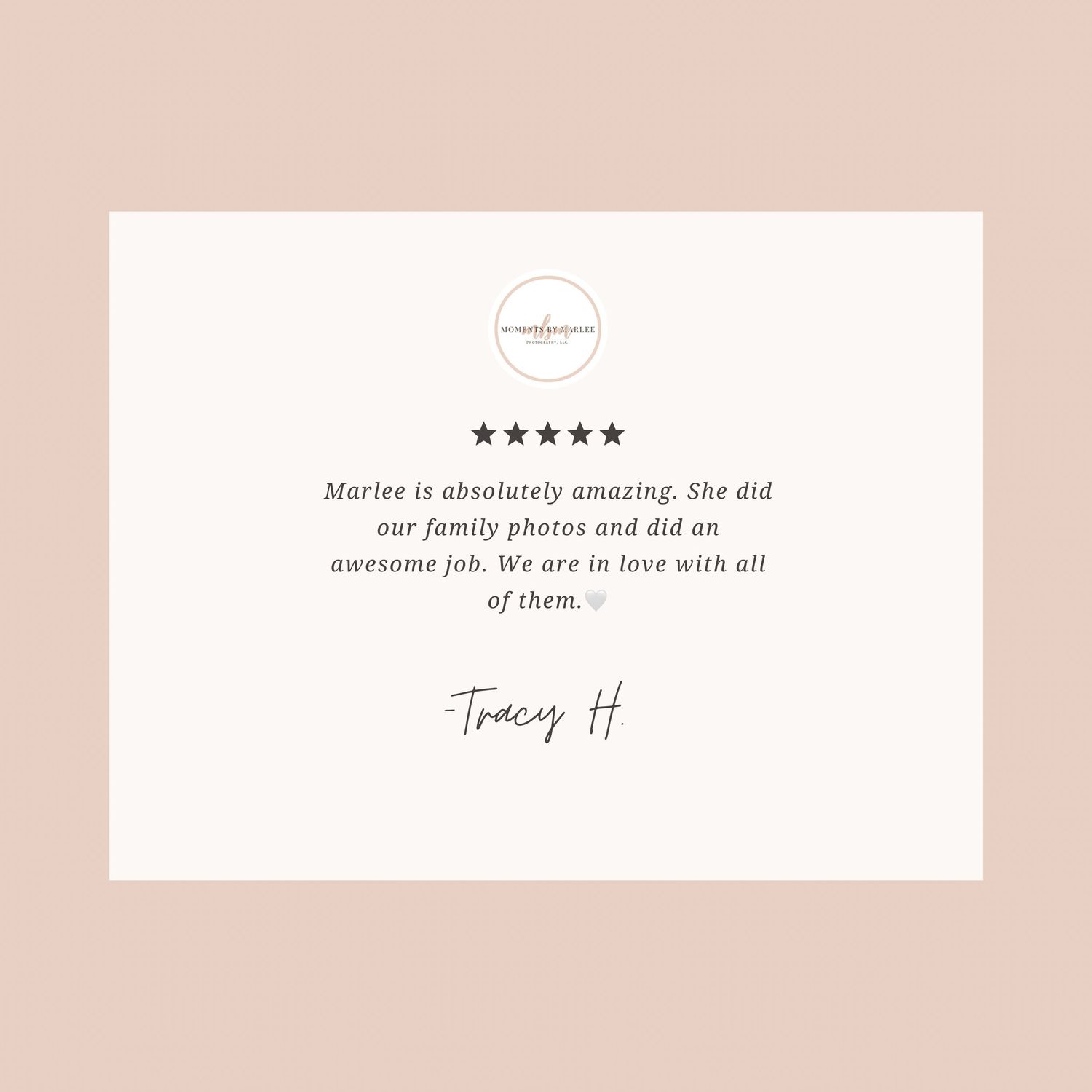 Customer testimonial with five stars and signature on soft pink minimalist design.