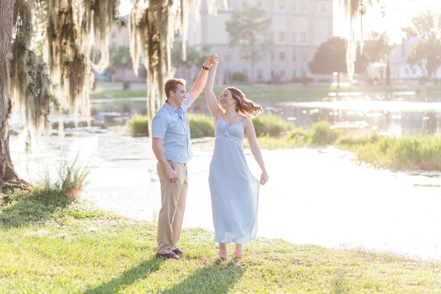 Dreamy outdoor photo session with Spanish moss and natural lighting.