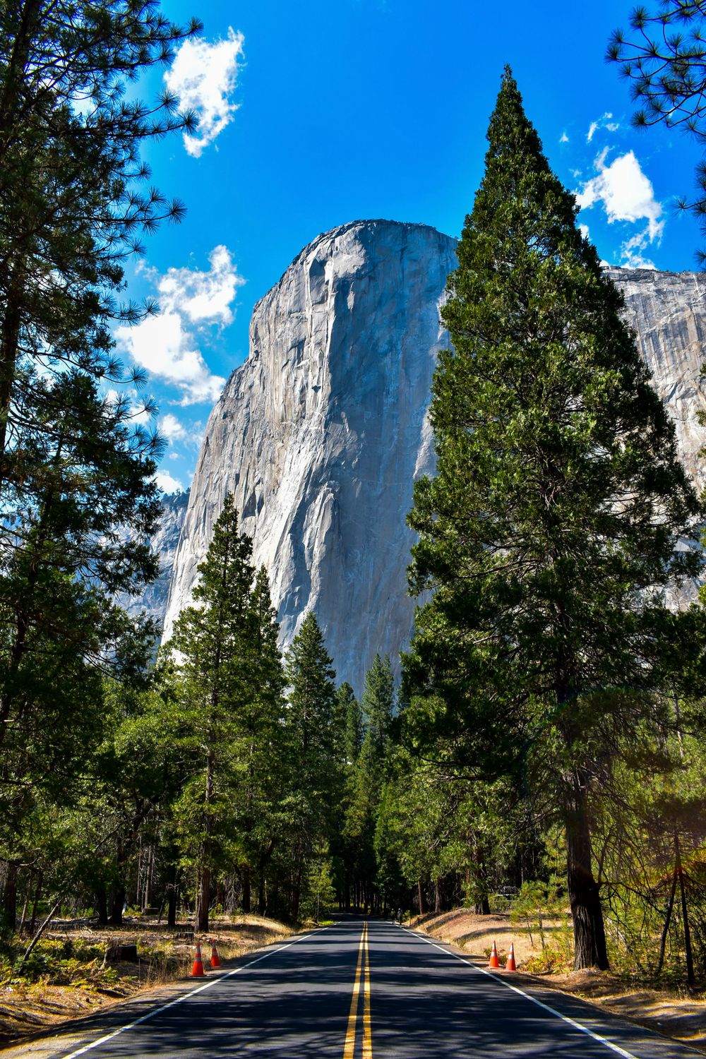 Road leading to towering El Capitan rock face in Yosemite National Park.