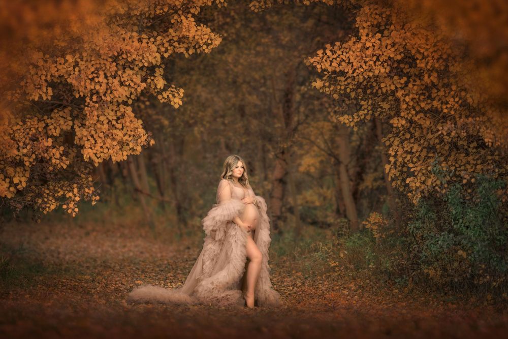 An ethereal autumn maternity portrait with soft lighting and warm tones in a wooded setting.