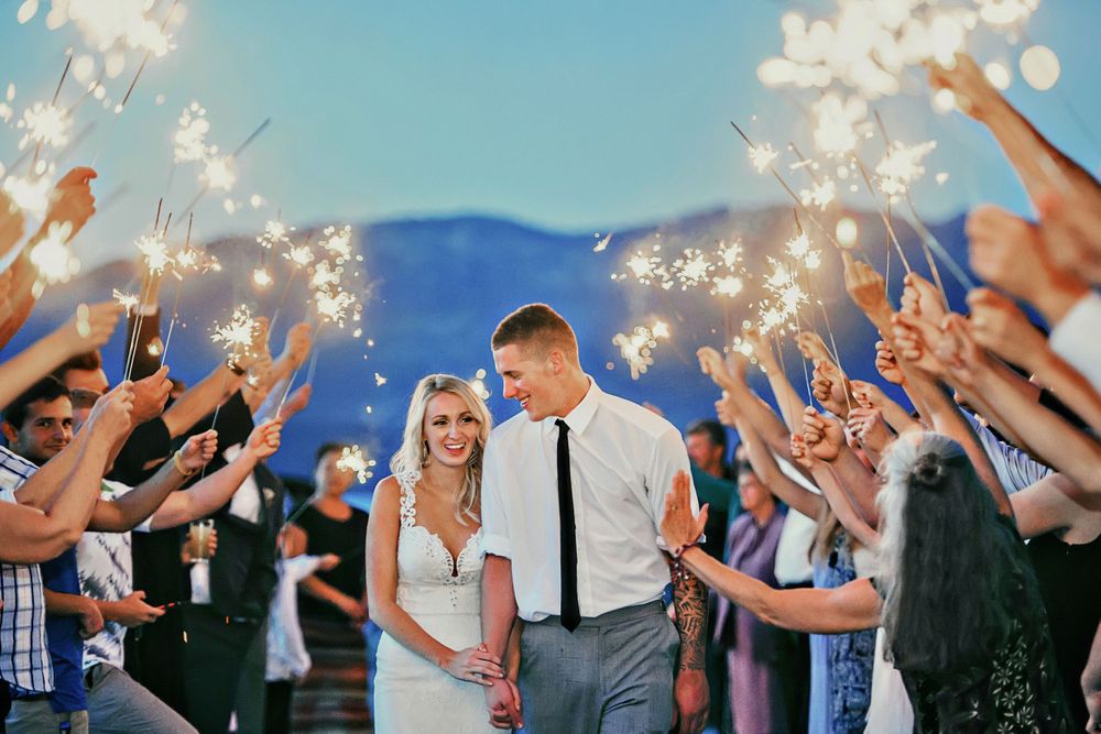 Bride and groom enjoy sparkler exit at Shore Lodge, McCall, Idaho