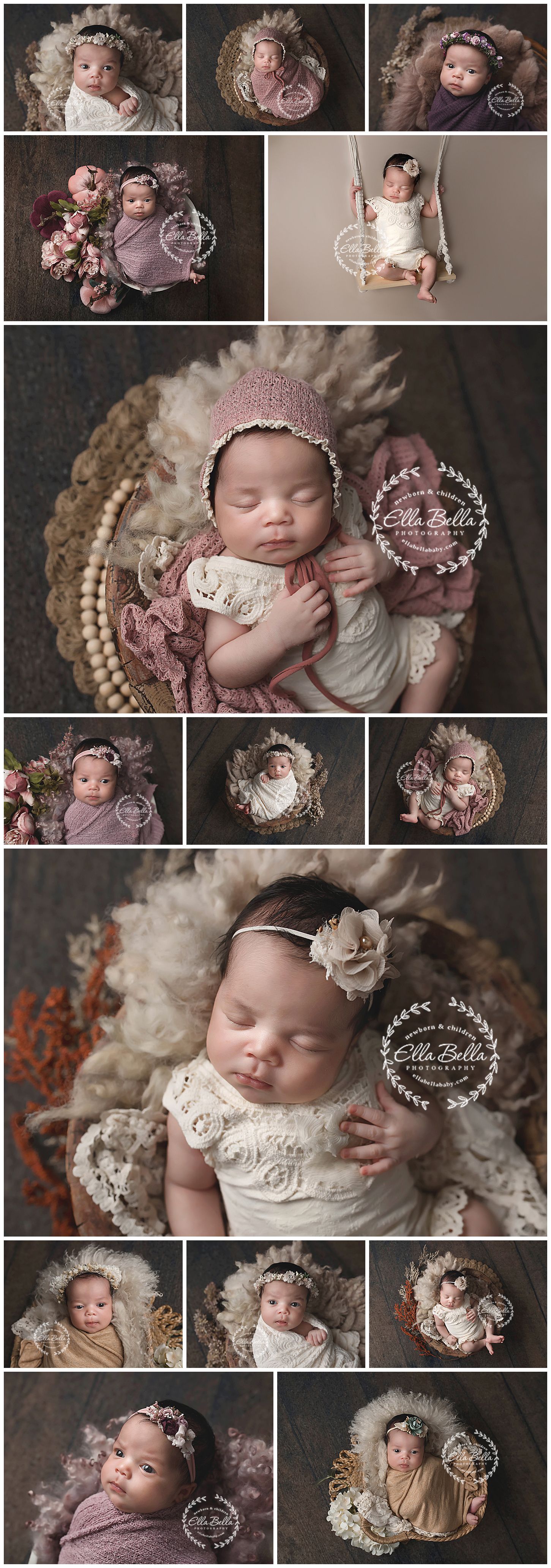 Collection of vintage-styled newborn portraits featuring lace, pearls and soft pink tones.
