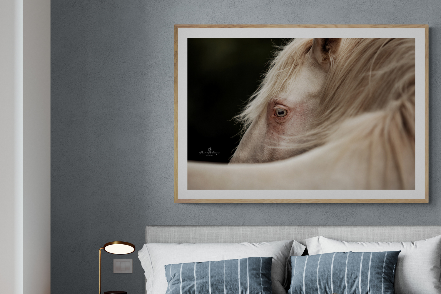 Close-up horse eye photograph framed in bedroom with blue and gray color scheme.