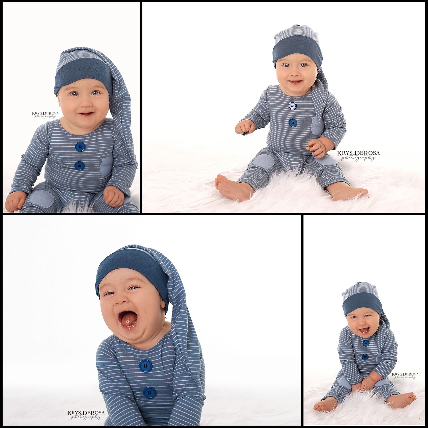 Collage of baby wearing striped blue outfit and hat showing different expressions.