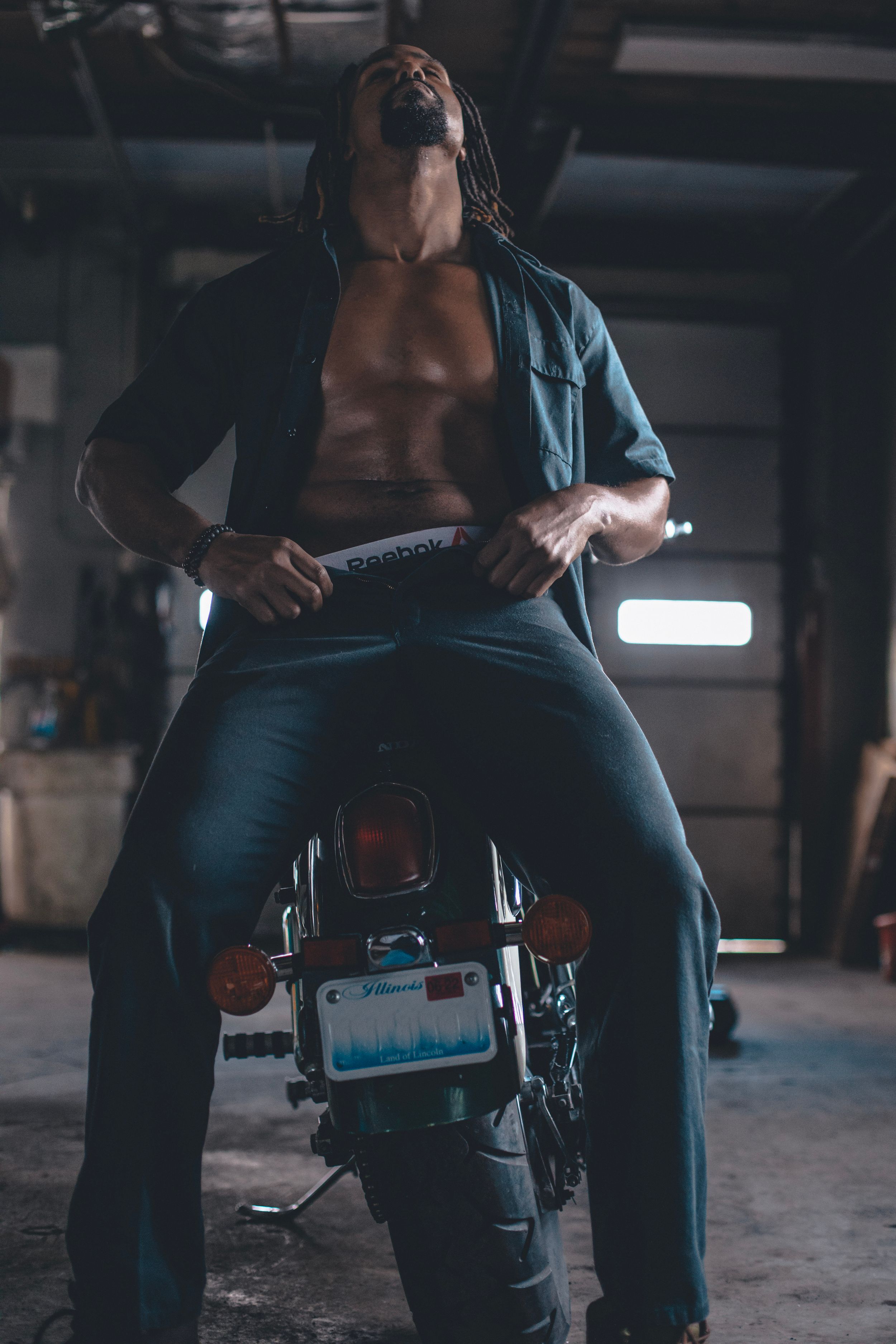 motorcycle, Honda, male boudoir, garage, body positivity, self love, body acceptance, biker