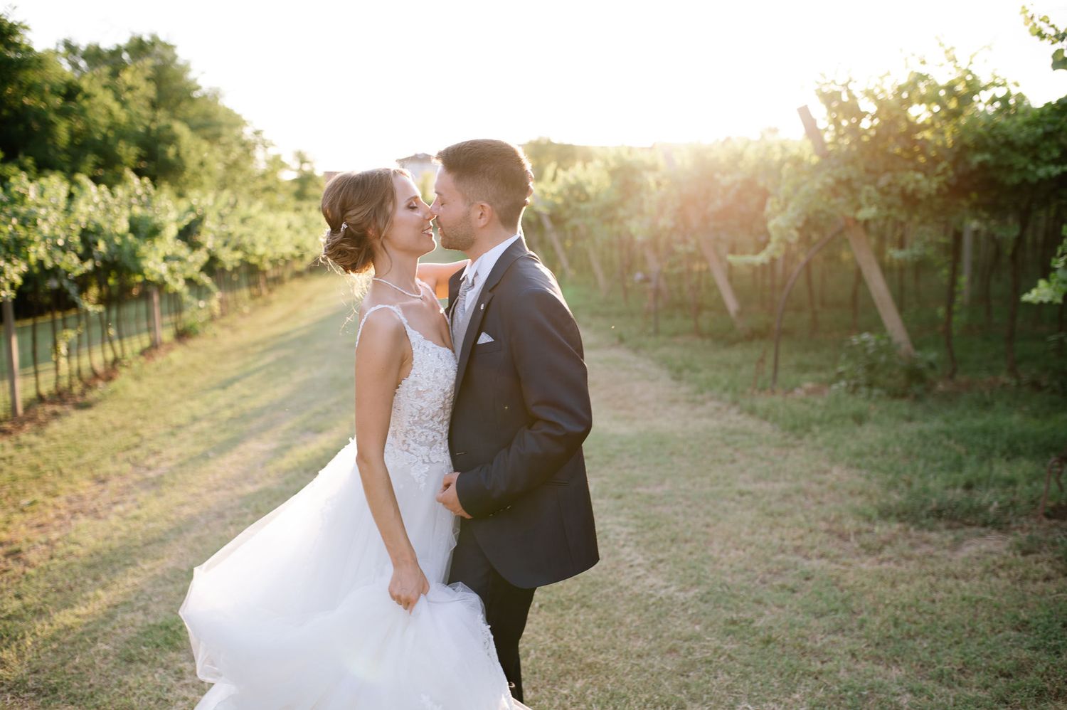 Wedding couple embracing in sunlit vineyard during golden hour.