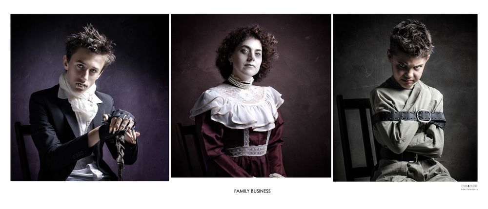 Triptyque de portraits créatifs sur le thème Victorien gothique, pendant une session au studio Well'Com à Nouméa