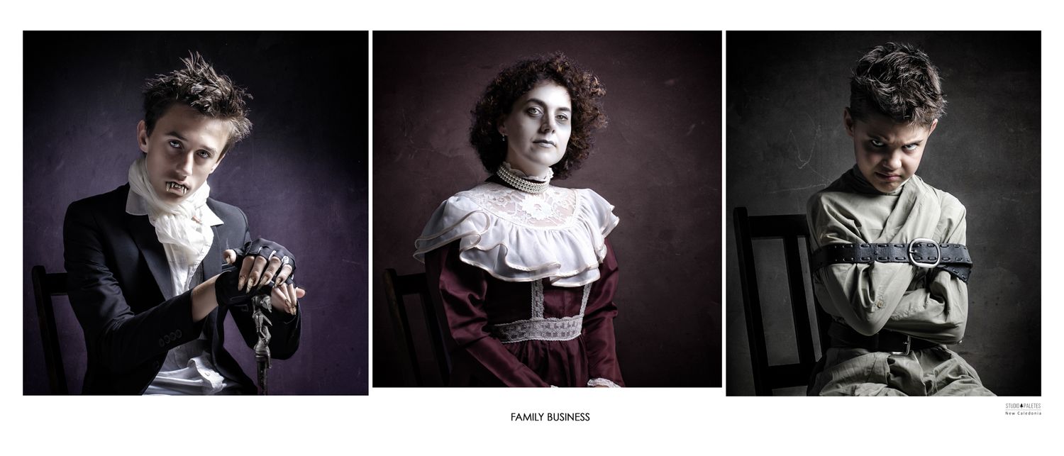 Triptyque de portraits créatifs sur le thème Victorien gothique, pendant une session au studio Well'Com à Nouméa