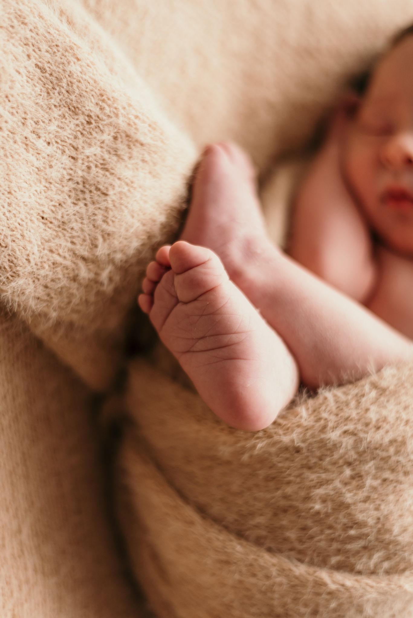Close-up of tiny newborn baby feet wrapped in soft beige blanket.