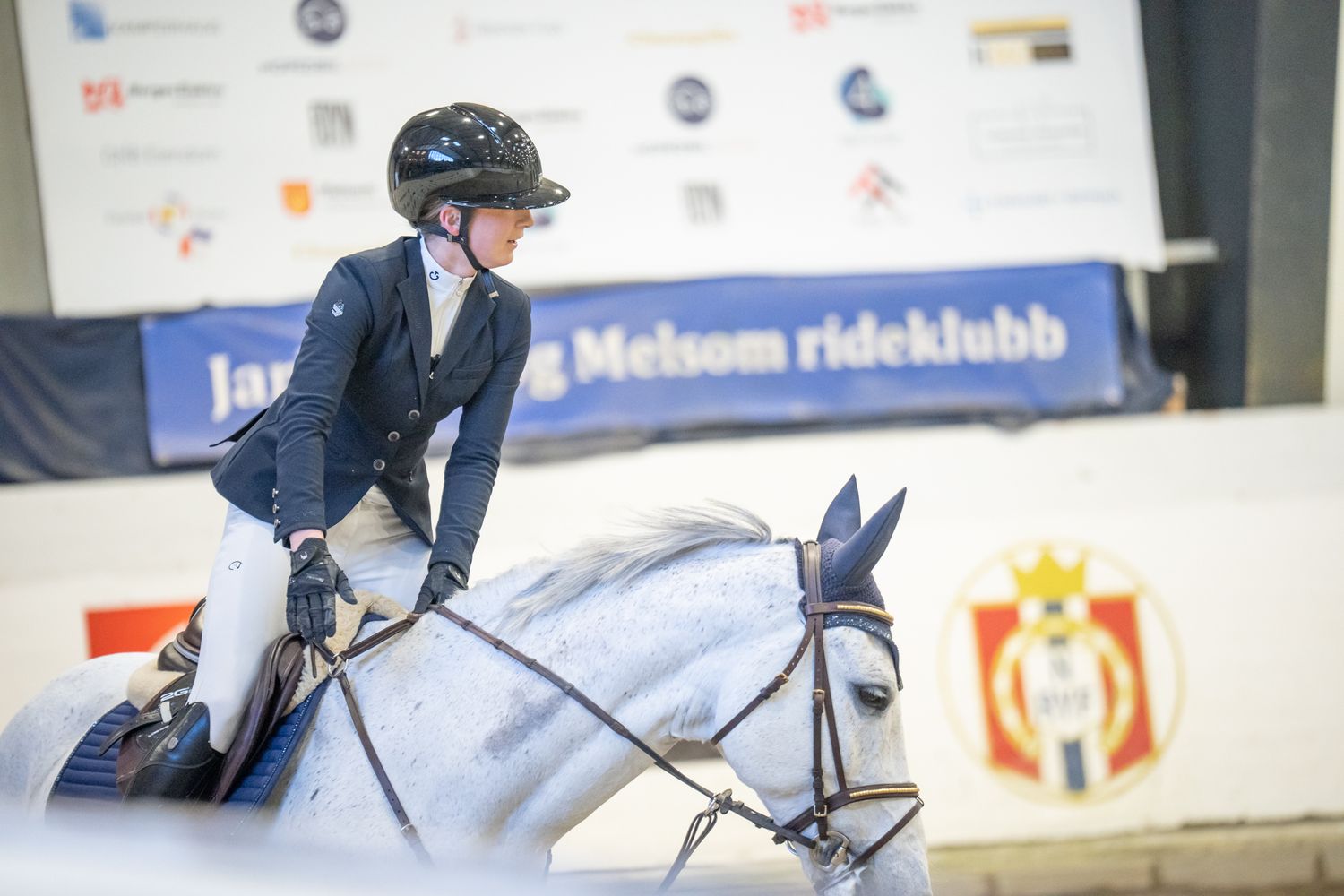 Equestrian competitor riding white horse during indoor arena event.