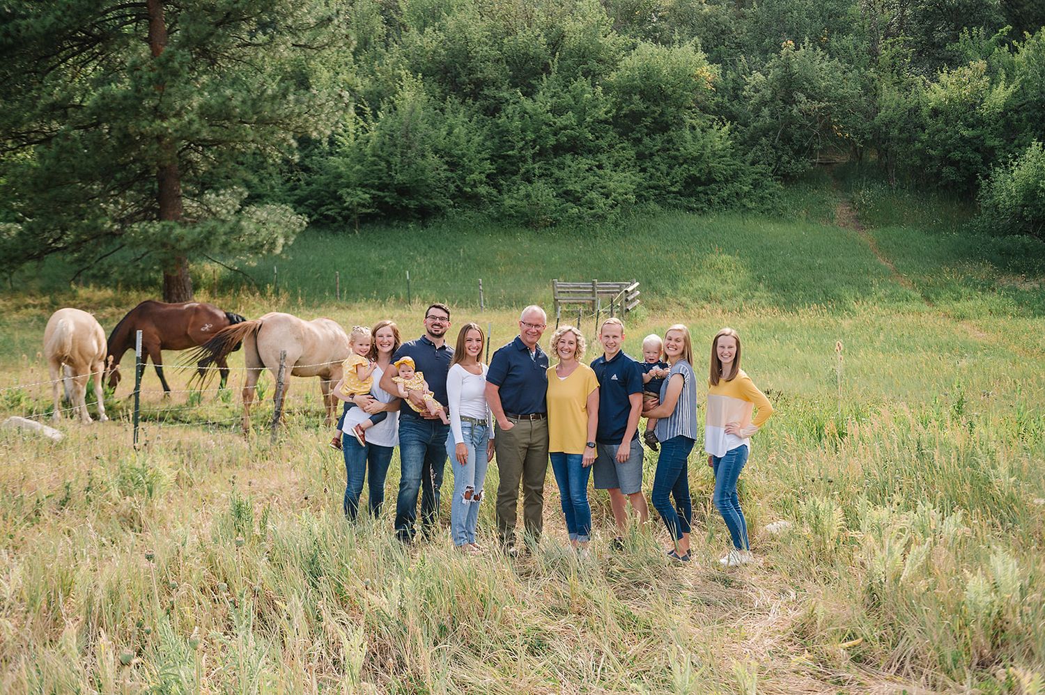 Family group photo with horses grazing in a peaceful meadow setting.