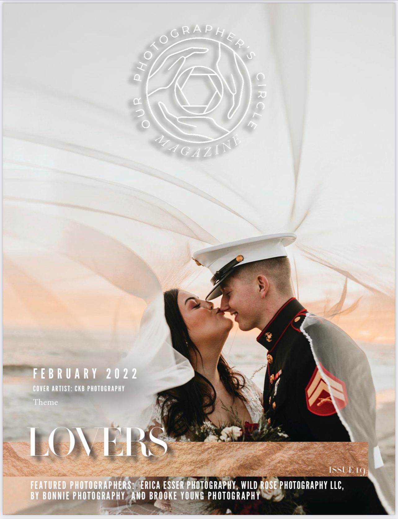 Magazine cover showing romantic couple's portrait with elegant typography.
