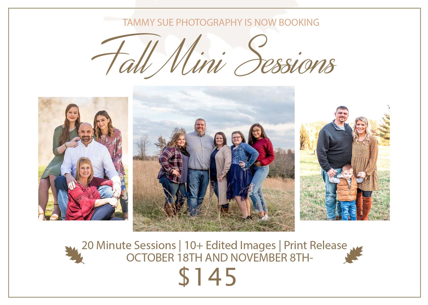 Fall mini session photography advertisement showing three family photos with pricing details.