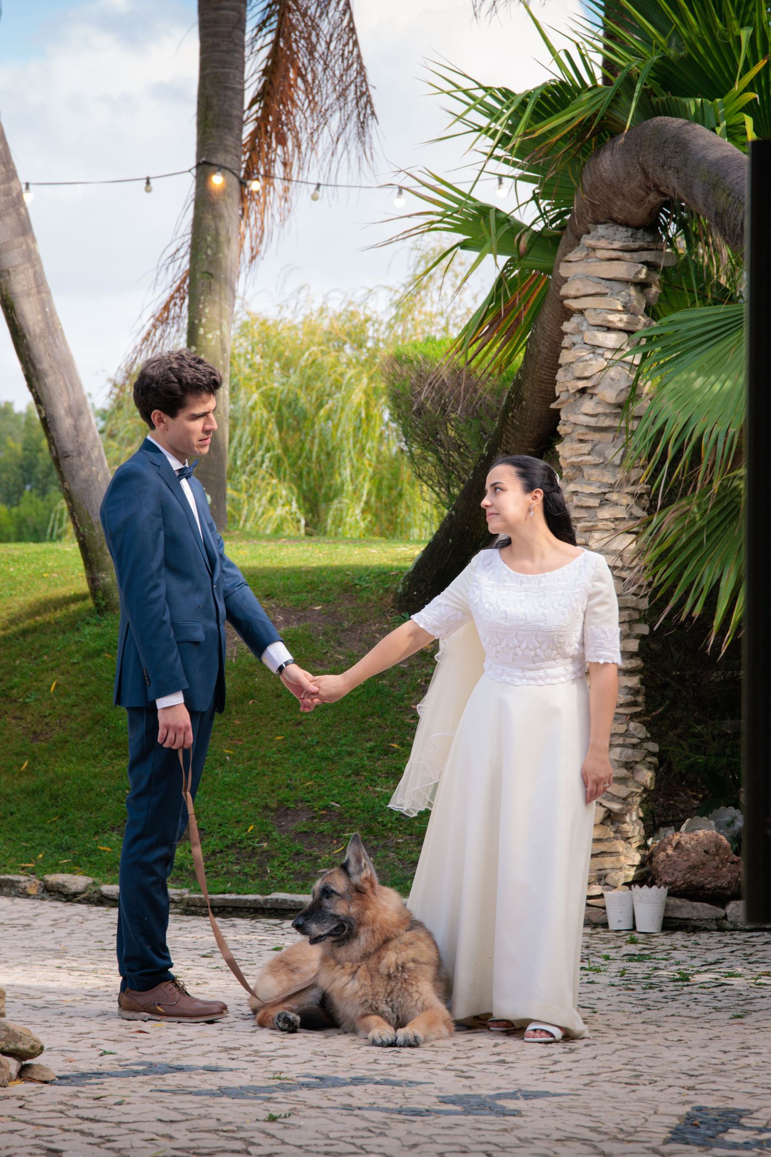 Wedding couple plays with their dog in a tropical garden setting with palm trees.