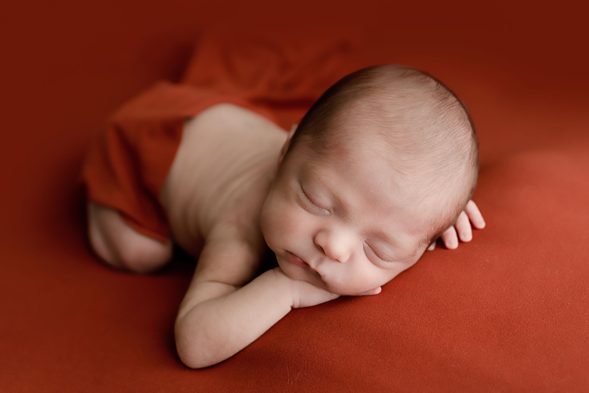 Peaceful newborn baby sleeping curled up on a soft red blanket in a classic posed newborn photography session.