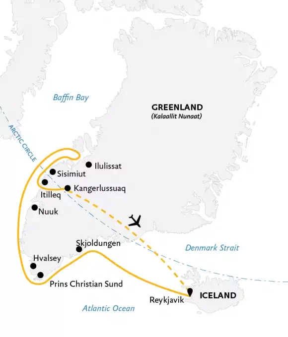 Travel route map showing journey between Greenland and Iceland with marked coastal destinations.