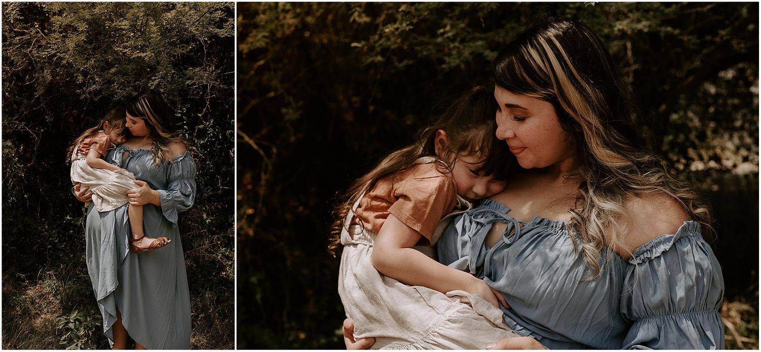 Split image showing intimate family moments in moody forest setting.