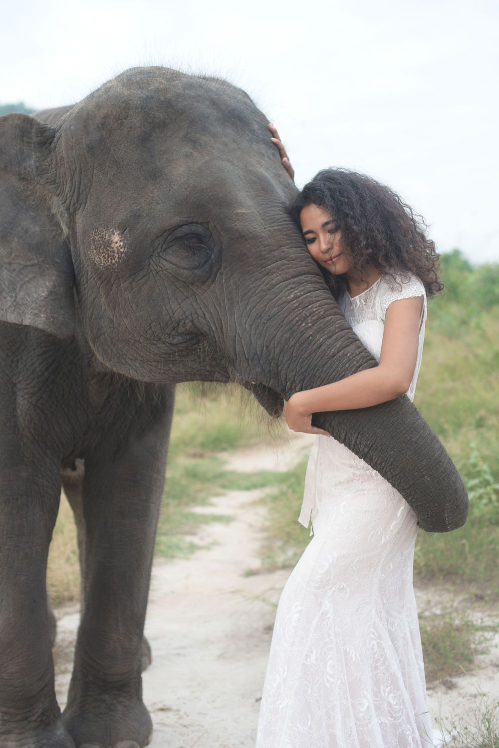 Bride in white dress sharing tender moment with elephant on dirt path in Hua Hin, Thailand.