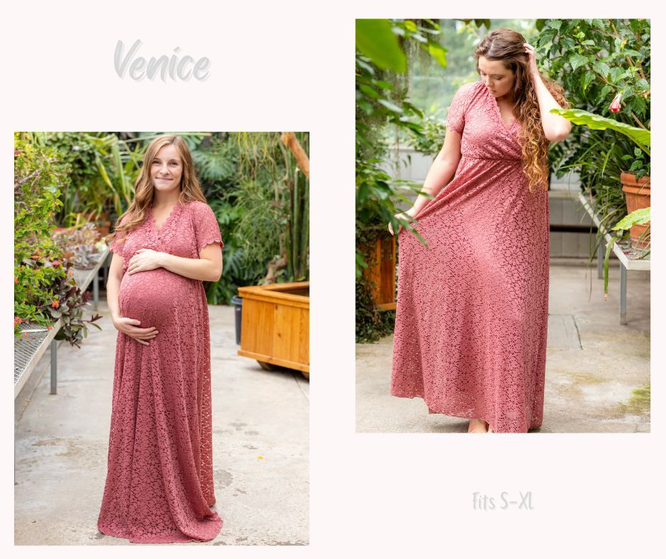 Maternity photoshoot featuring a floor-length pink patterned maxi dress in a garden setting.