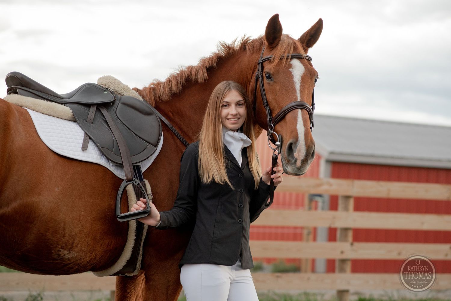 Beautiful chestnut horse with saddle standing next to rider in black jacket and white pants.