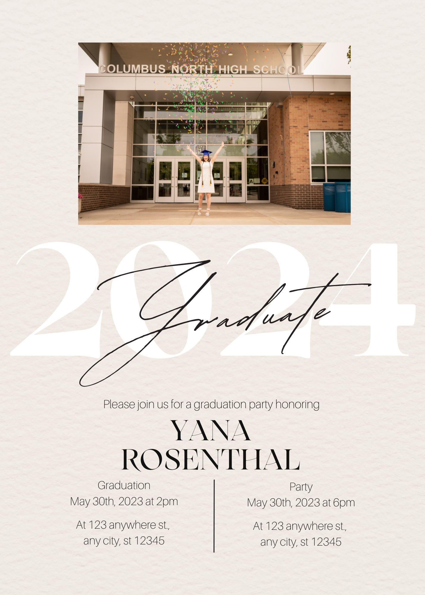 Clean graduation invitation design with architectural elements and sophisticated text layout.