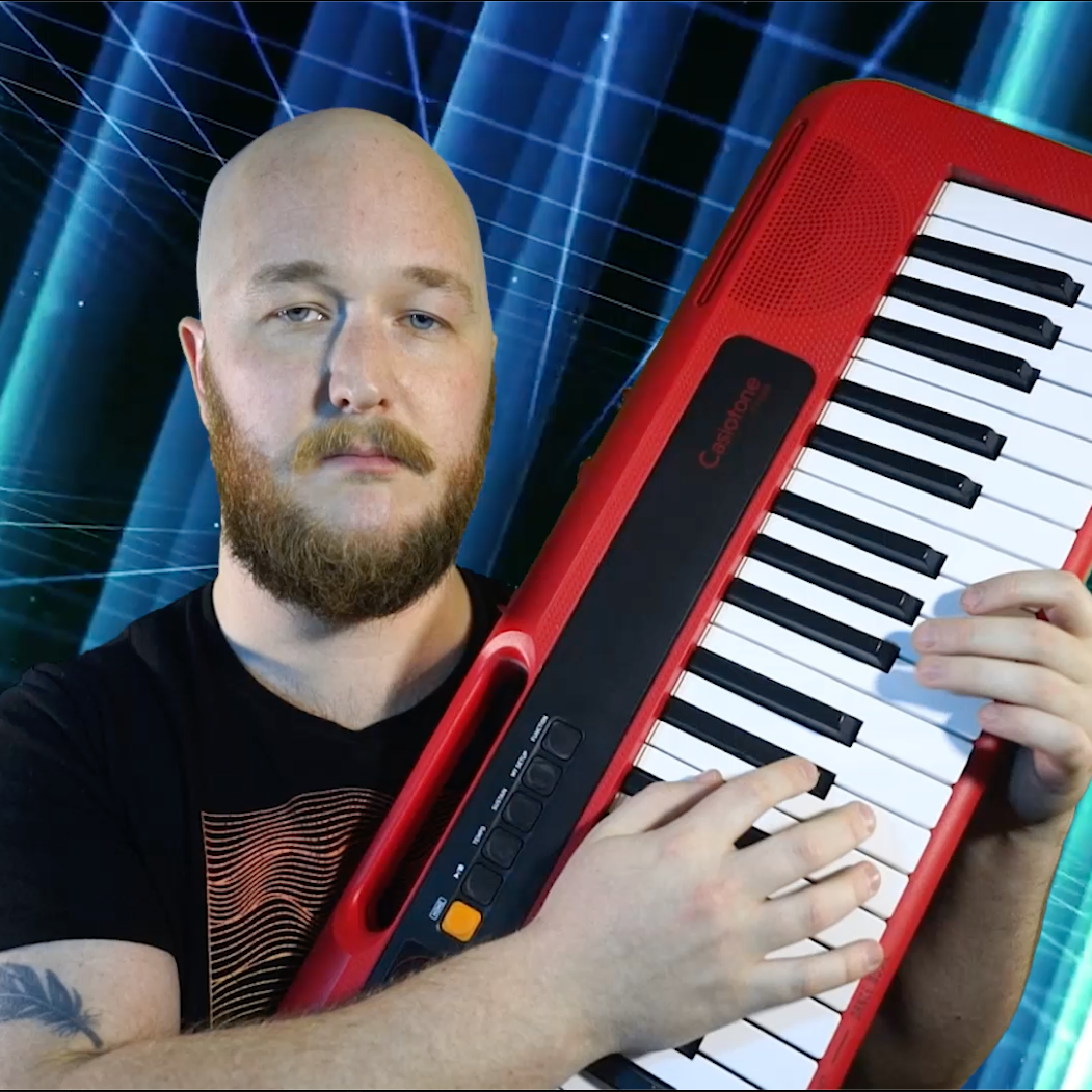 Musicians hands playing red keyboard instrument with blue lighting effects.