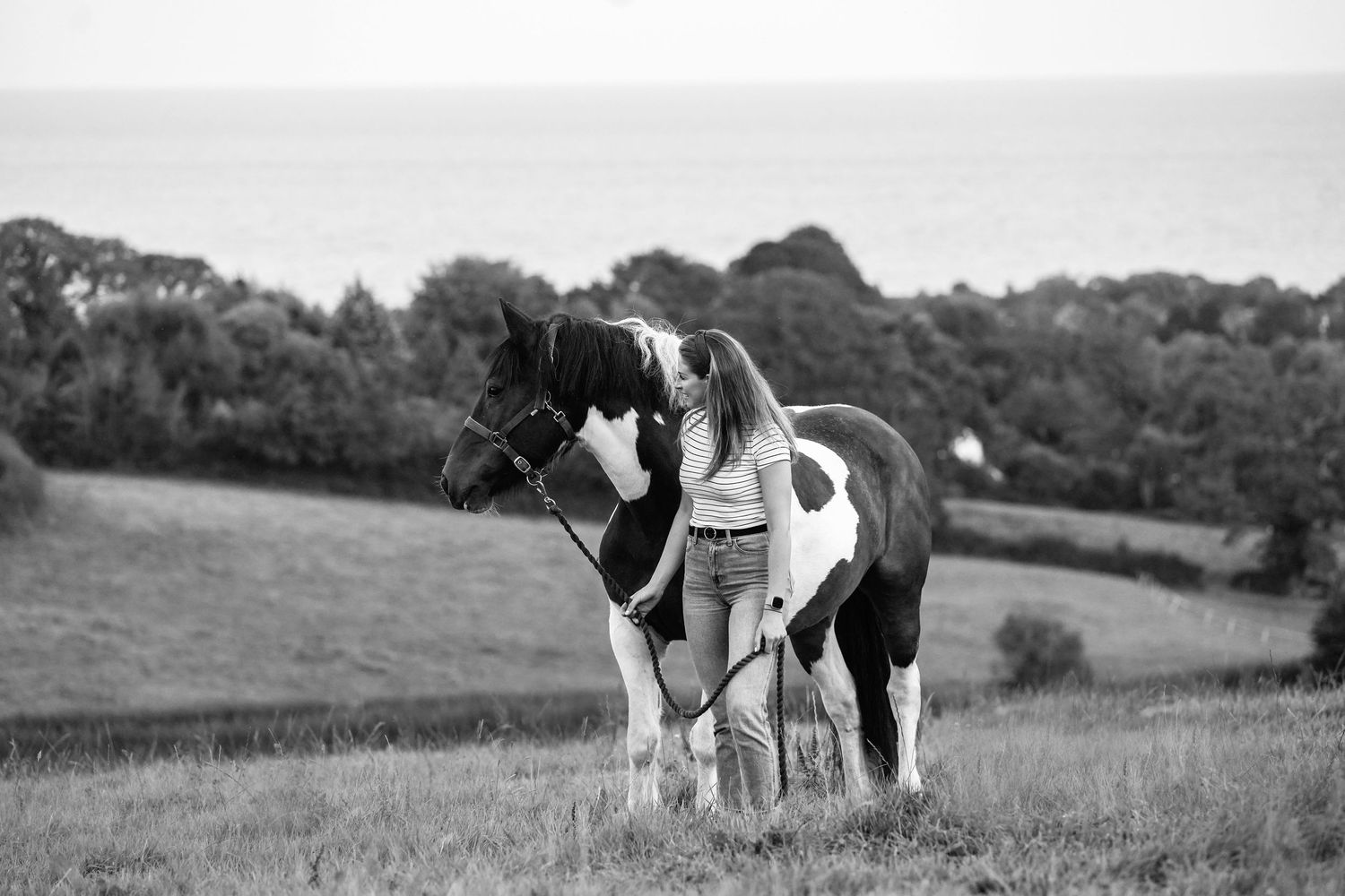 Black and white spotted horse with handler standing in grassy field.