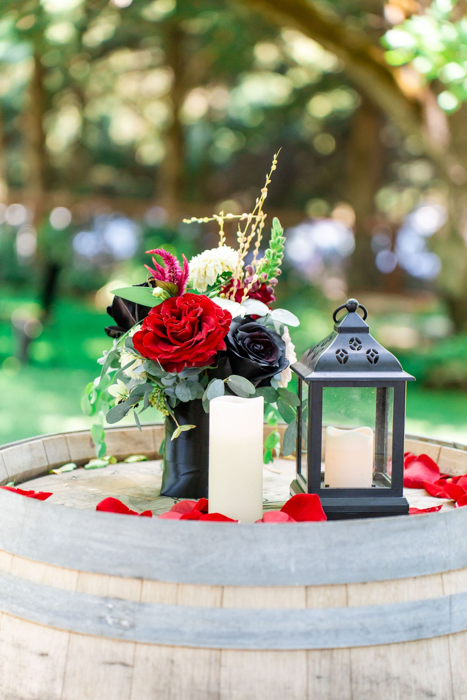 floral arrangement on a barrel
