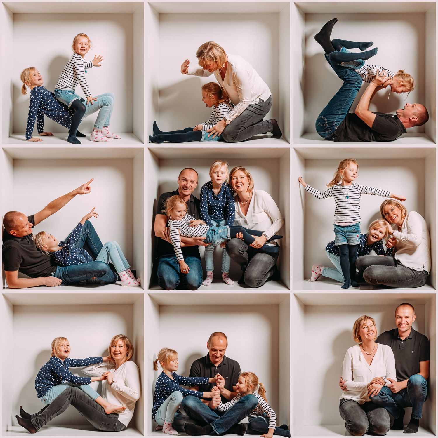 Junge Familie in einer weißen Kiste im Quadrat mit 9 Feldern als Collage zusammengestellt