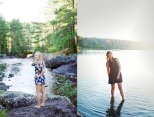 Two nature photos showing person standing on rocks by water in different scenic locations.