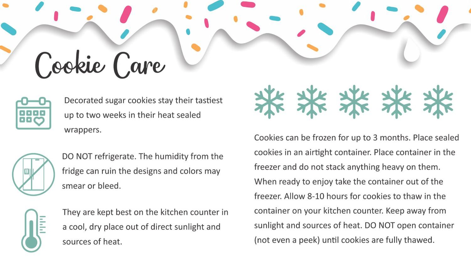 Cookie care details on how to store and freeze cookies. The text is the same information provided in the FAQ section.