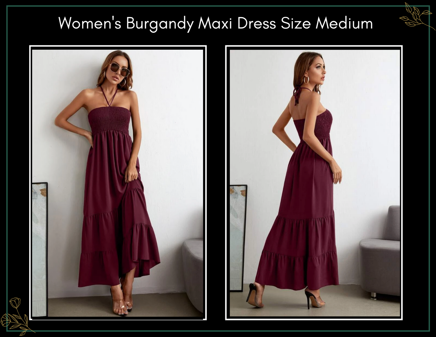 Women's burgundy strapless maxi dress size medium, displayed in front and back views with ruffled hem.